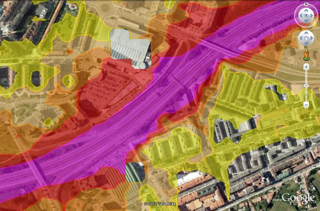 Mapa de Ruido del Barrio de Ventanielles (Ministerio de Fomento, 2006). La escala va desde >55 dBA (amarillo) hasta >75 dBA (morado)